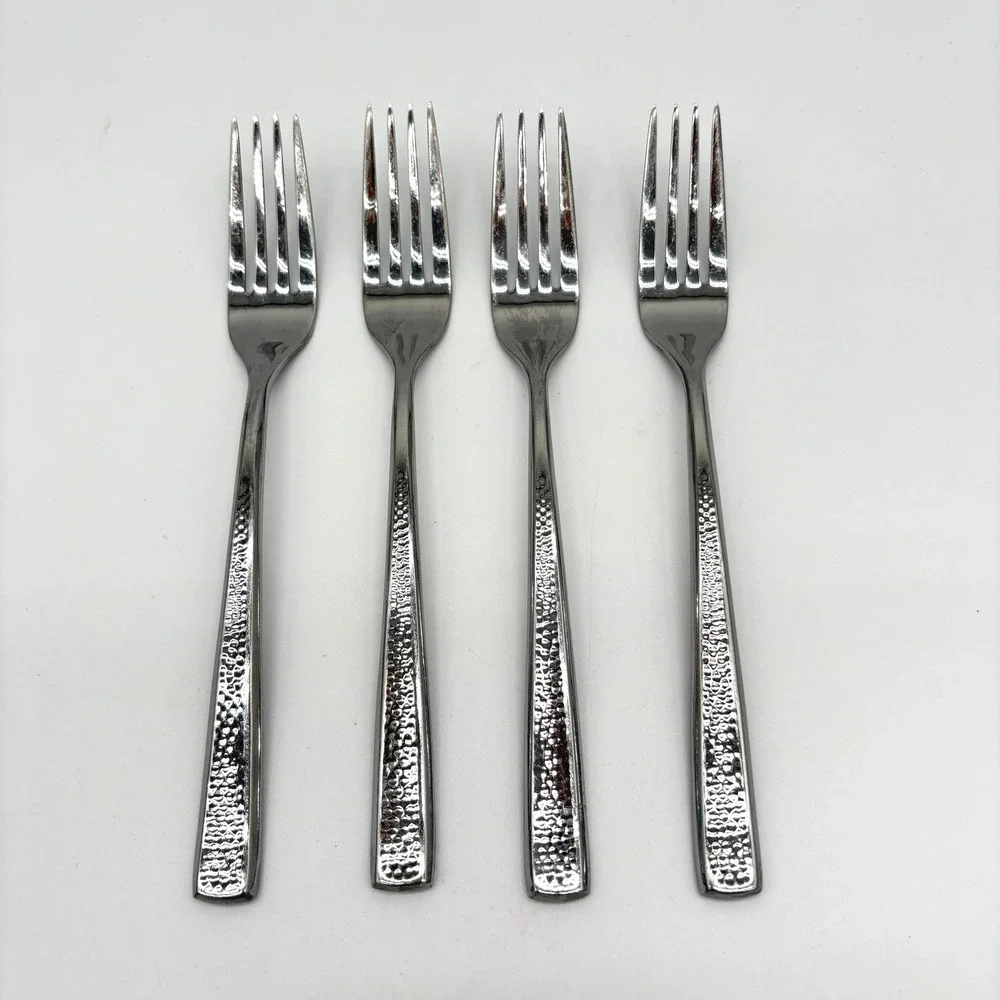 Hammered Stainless Steel Salad Forks Set 4 Modern Rustic Textured Towle Living